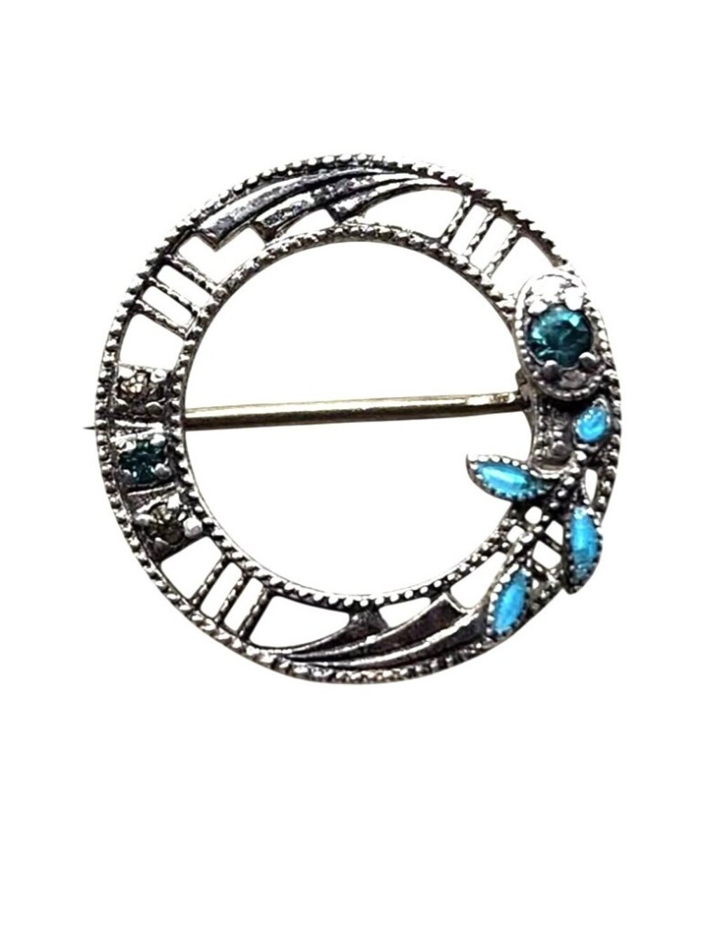 Vintage Sterling Silver Circle Pin With Blue Stone Accents